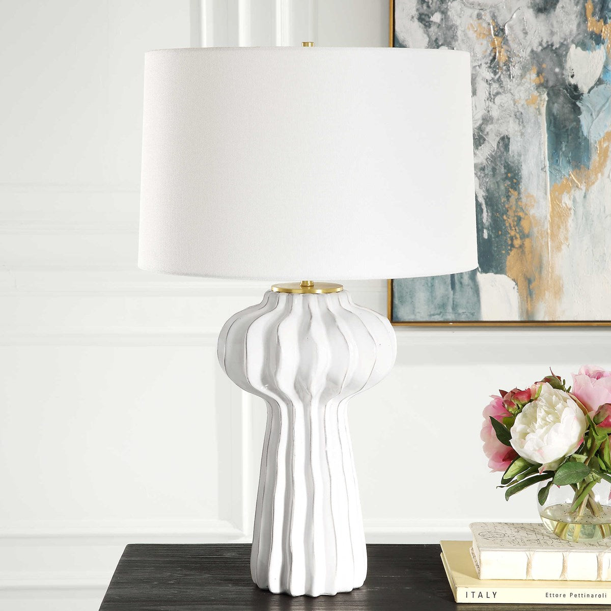 Uttermost Wrenley Off-White Glazed Porcelain Table Lamp With White Linen Shade - Image 1