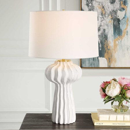 Uttermost Wrenley Off-White Glazed Porcelain Table Lamp With White Linen Shade - Image 3