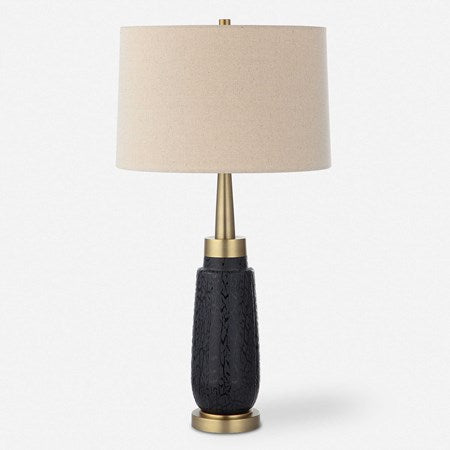 Uttermost Spyglass Matte Black Glass Table Lamp With Light Beige Linen Shade - Image 2