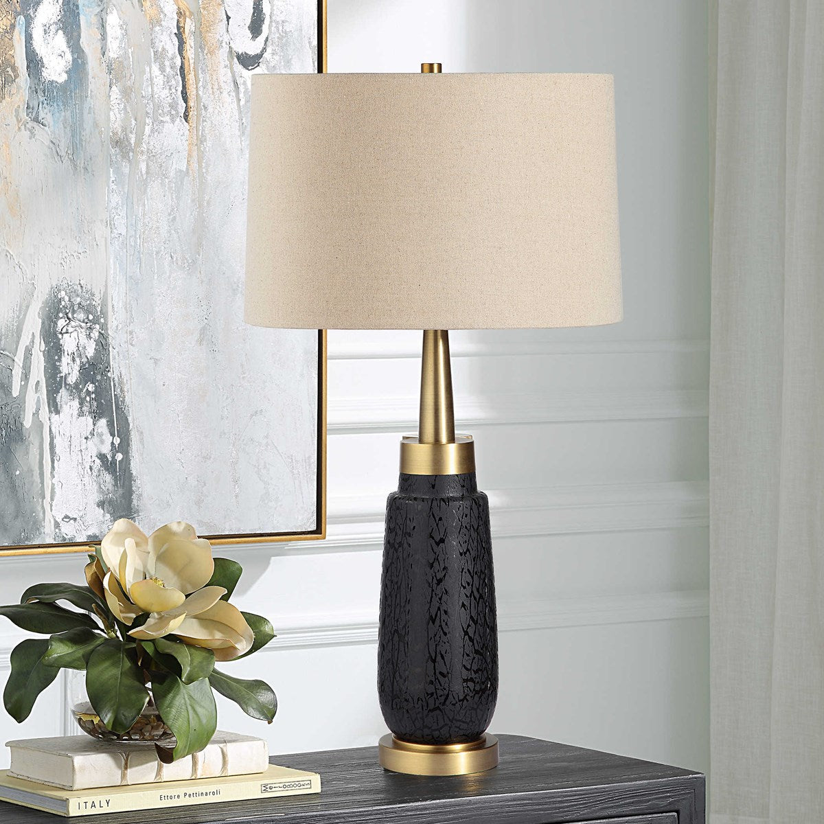 Uttermost Spyglass Matte Black Glass Table Lamp With Light Beige Linen Shade - Image 1