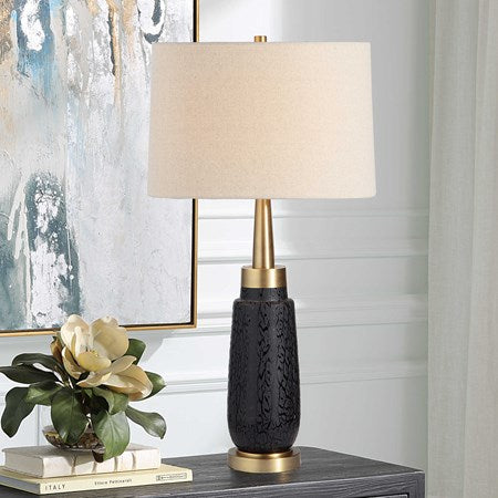 Uttermost Spyglass Matte Black Glass Table Lamp With Light Beige Linen Shade - Image 3