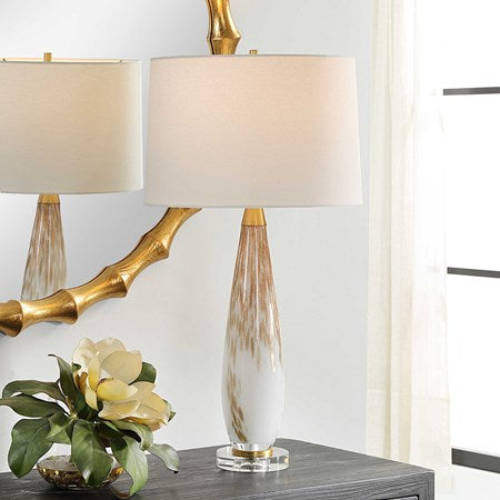 Uttermost Lyra White and Metallic Gold Table Lamp With Linen Shade - Image 1