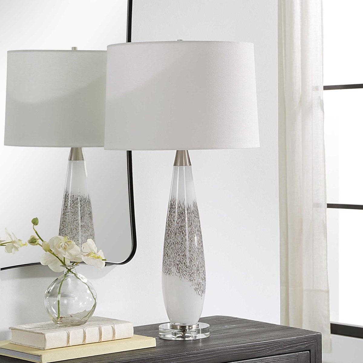Uttermost Quinn Mottled Gray and Metallic Silver Table Lamp With Linen Shade - Image 1