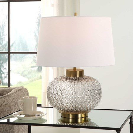 Uttermost Estelle Embossed Smoke Gray Glass Table Lamp With White Linen Shade - Image 1