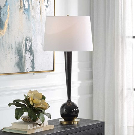 Uttermost Brielle Polished Black and Brushed Brass Accents Ceramic Table Lamp With White Linen Shade - Image 1