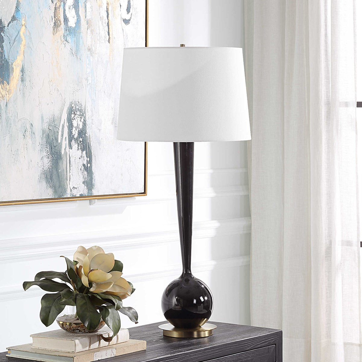 Uttermost Brielle Polished Black and Brushed Brass Accents Ceramic Table Lamp With White Linen Shade - Image 3