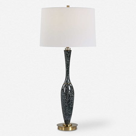 Uttermost Remy Navy Blue Glazed Ceramic and Brushed Brass Table Lamp With White Linen Shade - Image 3
