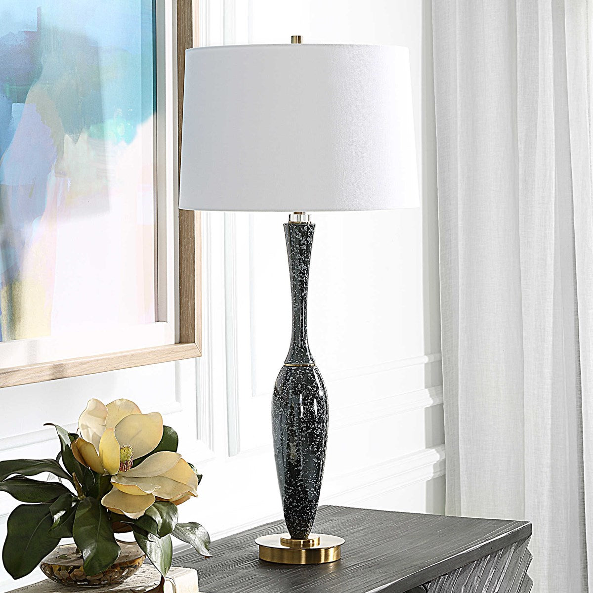 Uttermost Remy Navy Blue Glazed Ceramic and Brushed Brass Table Lamp With White Linen Shade - Image 1