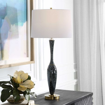 Uttermost Remy Navy Blue Glazed Ceramic and Brushed Brass Table Lamp With White Linen Shade - Image 2
