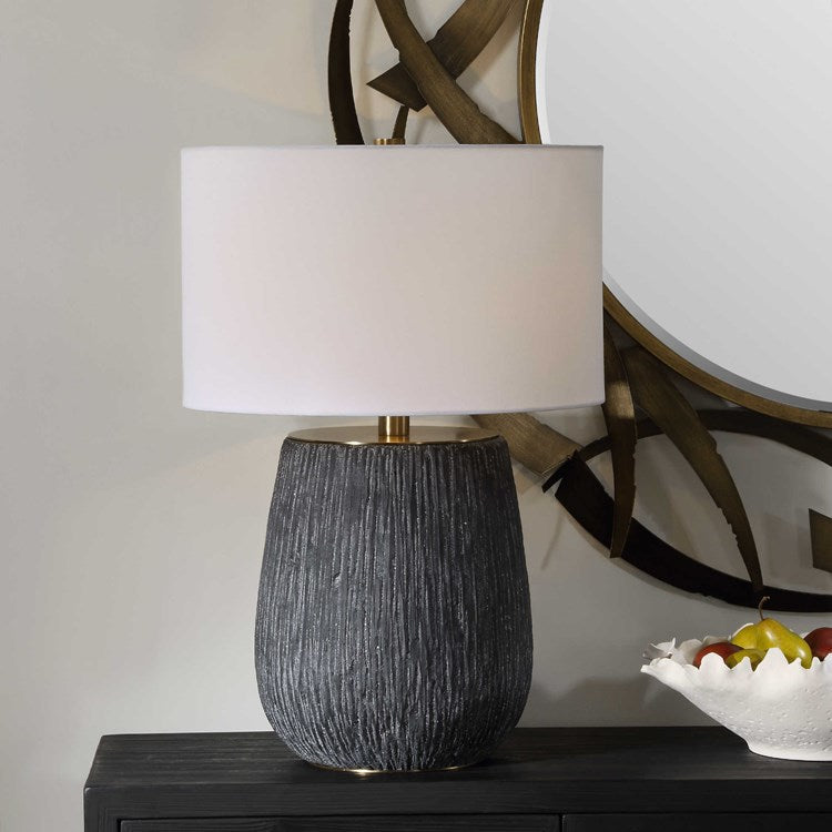 Uttermost Americana Aged Black and Gray Glazed Concrete Table Lamp With White Linen Drum Shade - Image 3