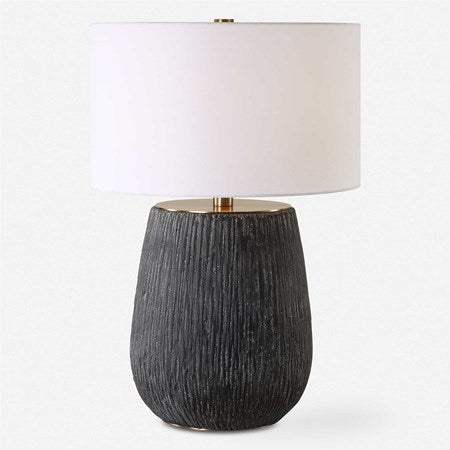 Uttermost Americana Aged Black and Gray Glazed Concrete Table Lamp With White Linen Drum Shade - Image 2