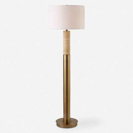 Uttermost Knox Travertine and Antique Brass Floor Lamp With White Linen Shade - Image 2