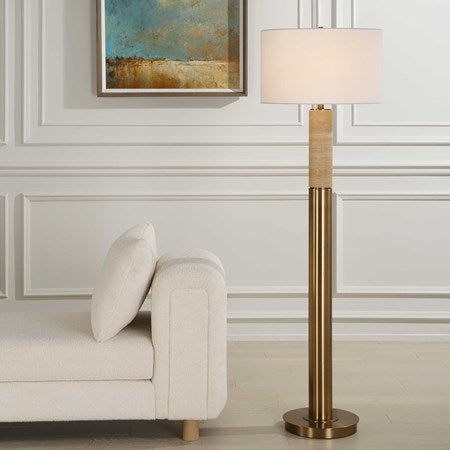 Uttermost Knox Travertine and Antique Brass Floor Lamp With White Linen Shade - Image 1