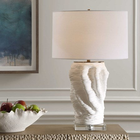 Uttermost Stratified Matte White Glaze Table Lamp With Linen Shade - Image 1