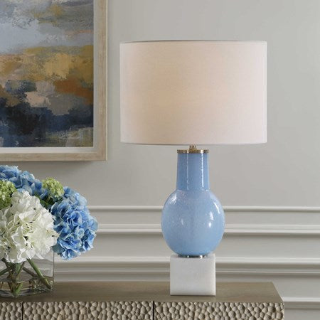 Uttermost Clear Sky Blue Seeded Glass Table Lamp With White Linen Shade - Image 3