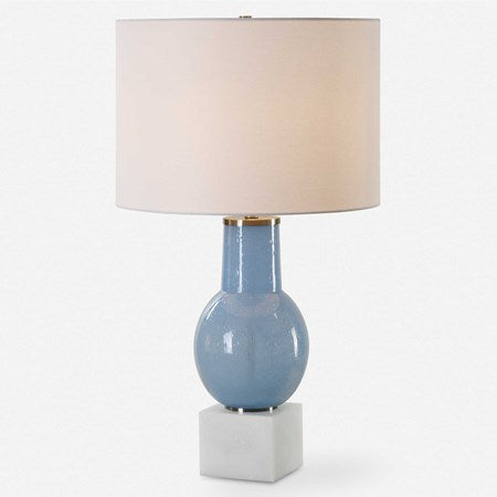 Uttermost Clear Sky Blue Seeded Glass Table Lamp With White Linen Shade - Image 2