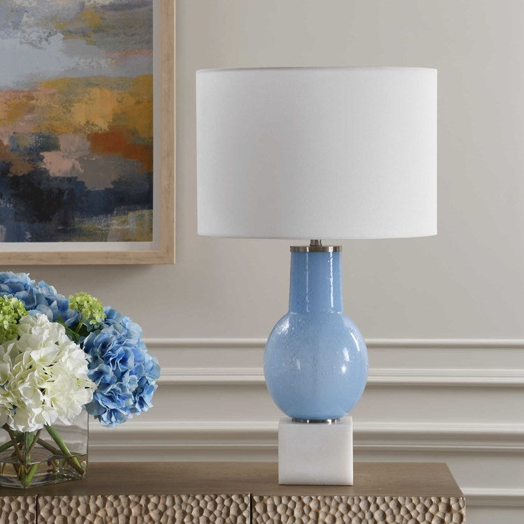 Uttermost Clear Sky Blue Seeded Glass Table Lamp With White Linen Shade - Image 1