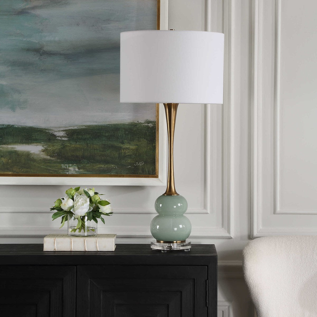 Uttermost Sanctuary Greenish-Gray Glass Table Lamp With White Linen Shade - Image 1
