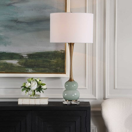 Uttermost Sanctuary Greenish-Gray Glass Table Lamp With White Linen Shade - Image 3
