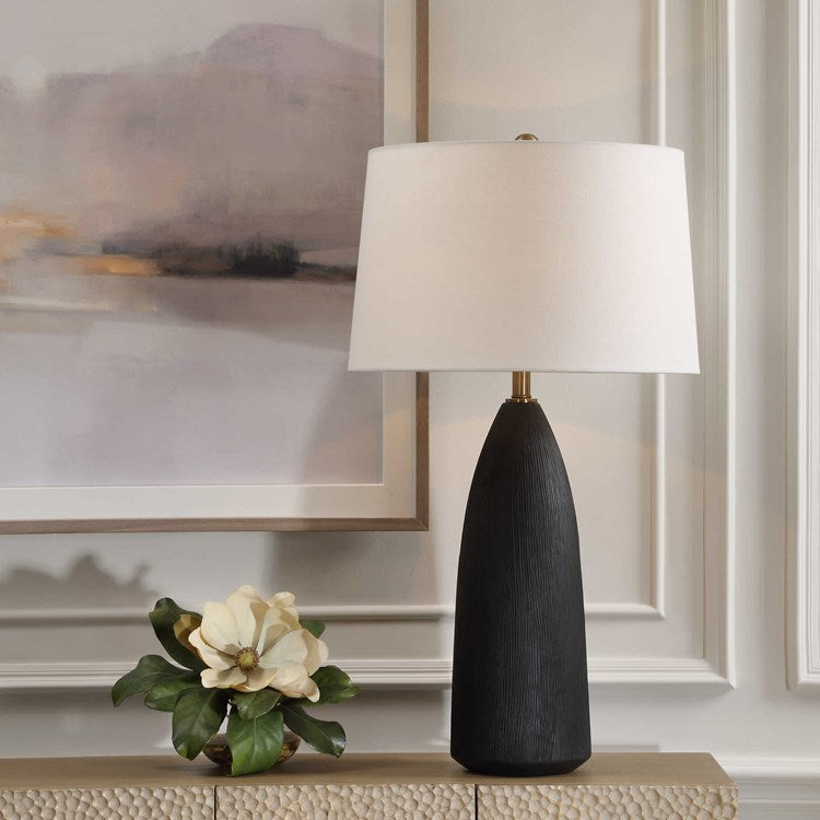 Uttermost Jett Matte Black Ceramic Table Lamp With White Linen Shade - Image 3