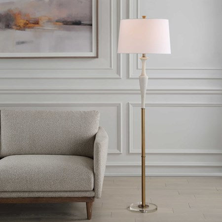 Uttermost Colette Antiqued Brass and Ivory Stone Floor Lamp With White Linen Shade - Image 1