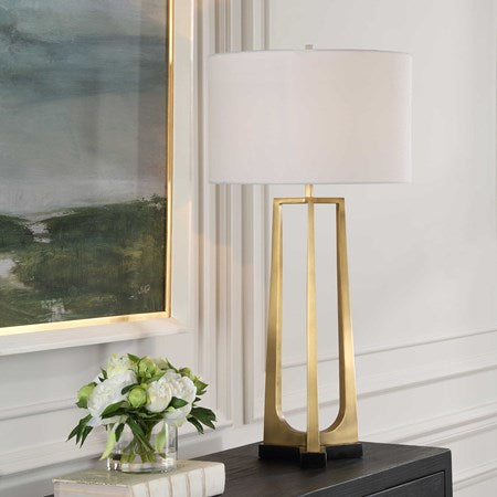 Uttermost Crossroads Antiqued Brass and Black Marble Table Lamp With White Linen Shade - Image 1