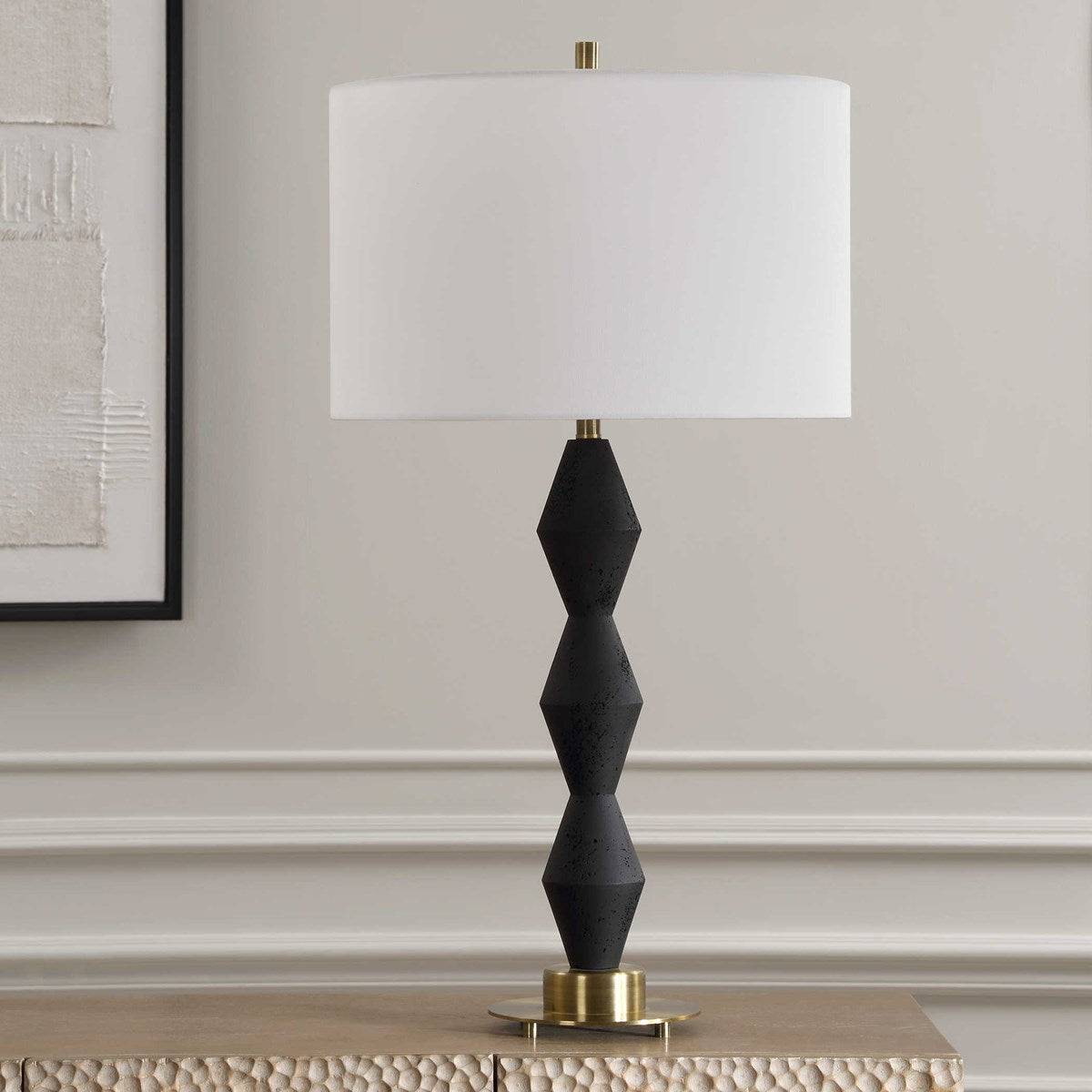 Uttermost Threefold Black Stone Table Lamp With White Linen Shade - Image 1