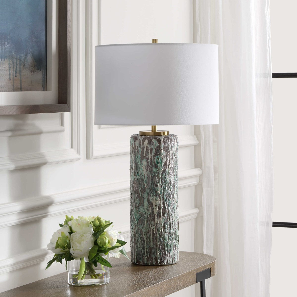 Uttermost Meltdown Ivory and Teal Textured Ceramic Table Lamp With White Linen Shade - Image 1