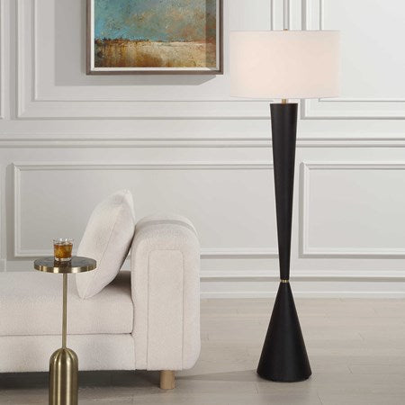 Uttermost Layla Aged Black Iron and Antiqued Brass Floor Lamp With White Linen Shade - Image 1