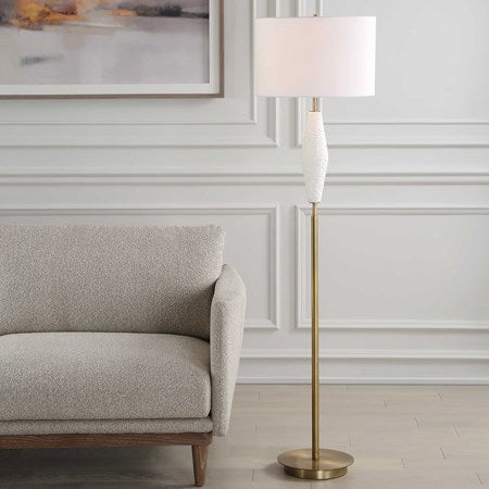 Uttermost Quite Antique Brass and White Ceramic The Buzz Floor Lamp With Linen Shade - Image 1
