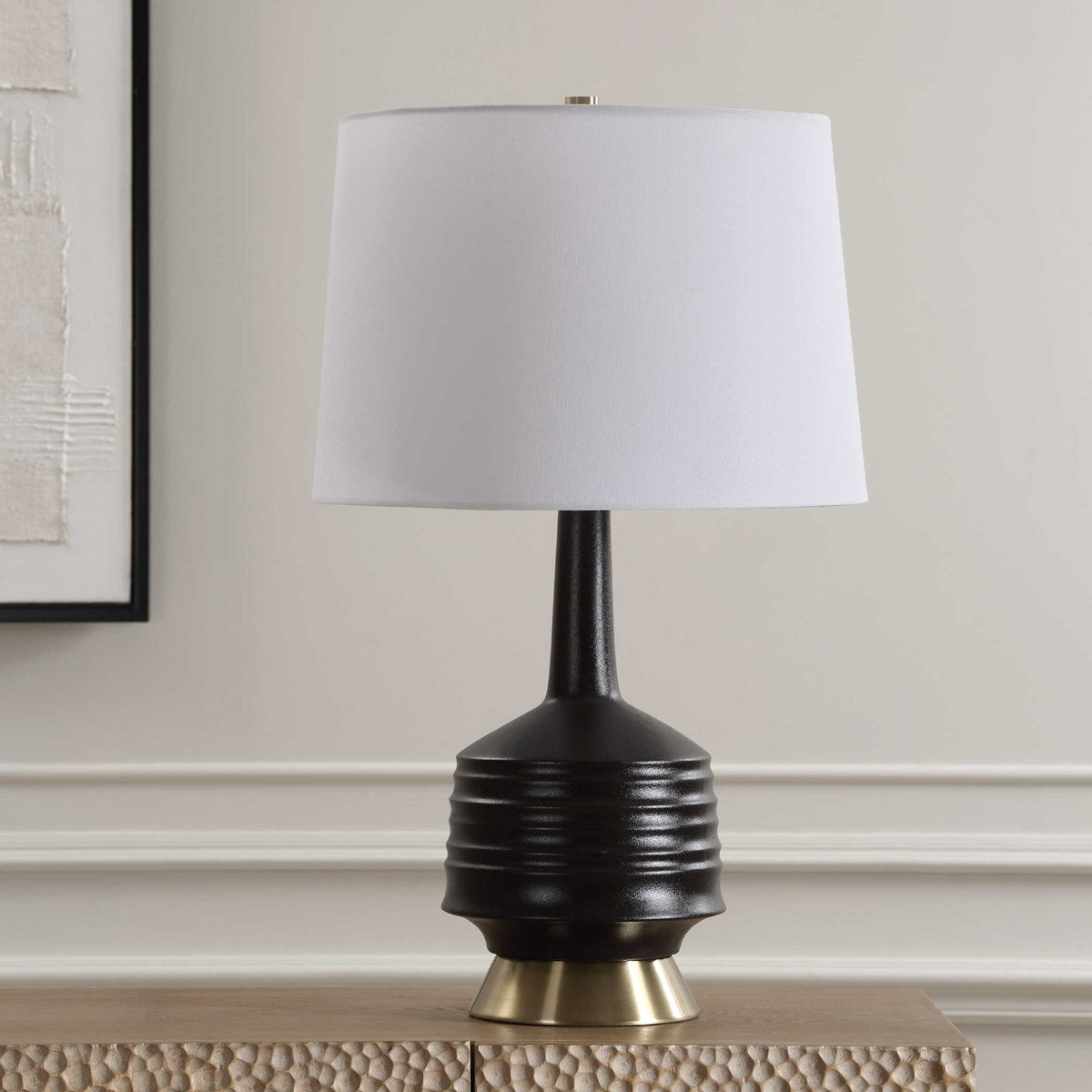 Uttermost Foster Textured Black Glaze Ceramic Table Lamp With White Linen Shade - Image 3