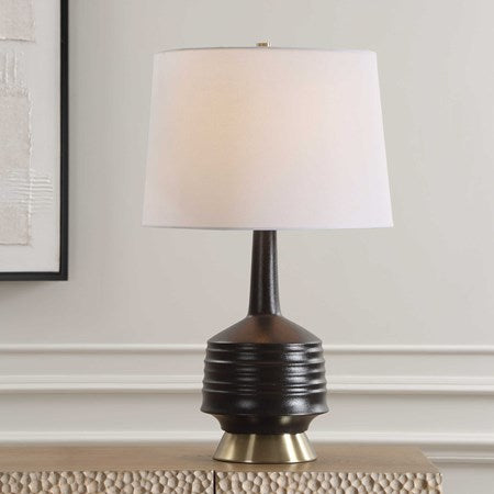 Uttermost Foster Textured Black Glaze Ceramic Table Lamp With White Linen Shade - Image 1