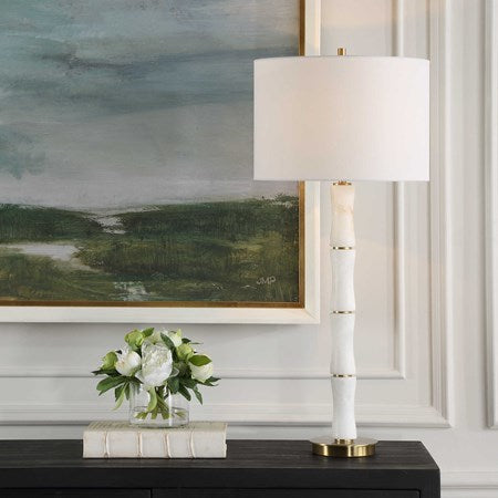 Uttermost Unify Polished Alabaster Table Lamp With White Linen Shade - Image 1
