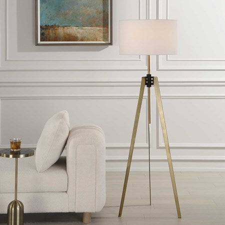 Uttermost Anchorage Antiqued Brass and Black Iron Floor Lamp With White Linen Drum Shade - Image 1