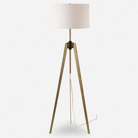 Uttermost Anchorage Antiqued Brass and Black Iron Floor Lamp With White Linen Drum Shade - Image 2