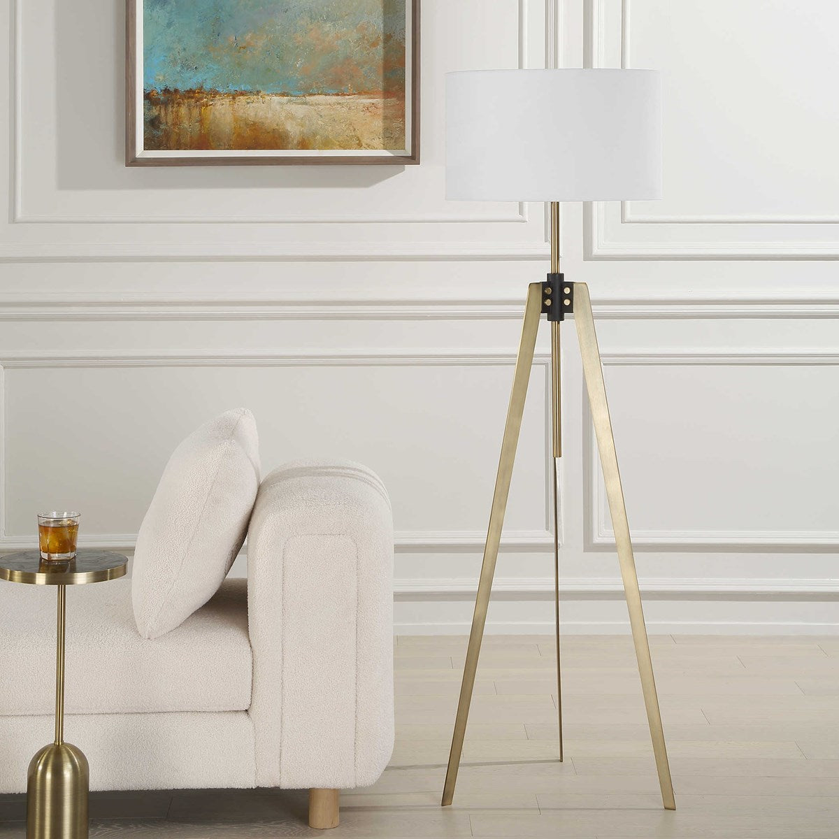 Uttermost Anchorage Antiqued Brass and Black Iron Floor Lamp With White Linen Drum Shade - Image 3