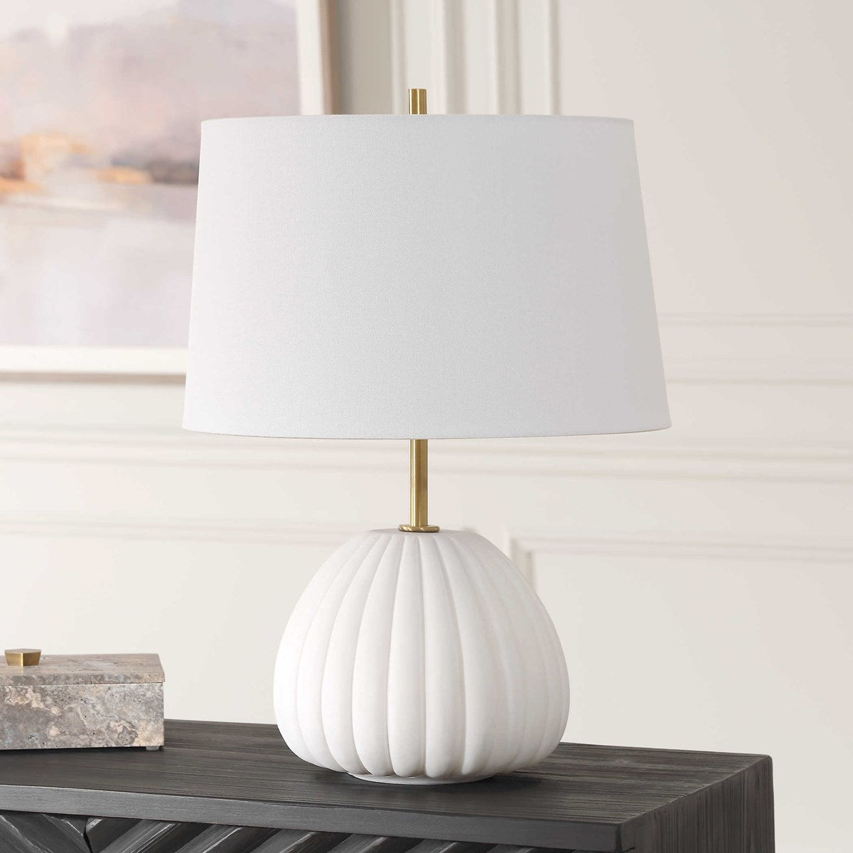 Uttermost Lynna Ivory Stone Table Lamp With White Linen Shade - Image 1