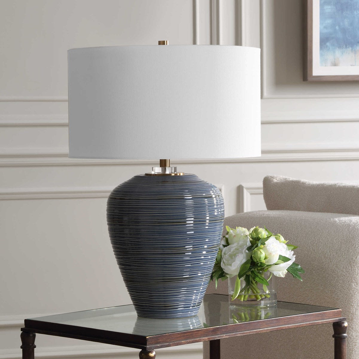Uttermost Moher Blue Glazed Textured Ceramic Table Lamp With White Linen Shade - Image 3