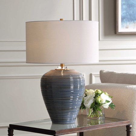 Uttermost Moher Blue Glazed Textured Ceramic Table Lamp With White Linen Shade - Image 1