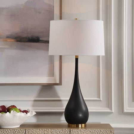 Uttermost Nocturnal Black Stone and Brass Table Lamp With White Linen Shade - Image 3