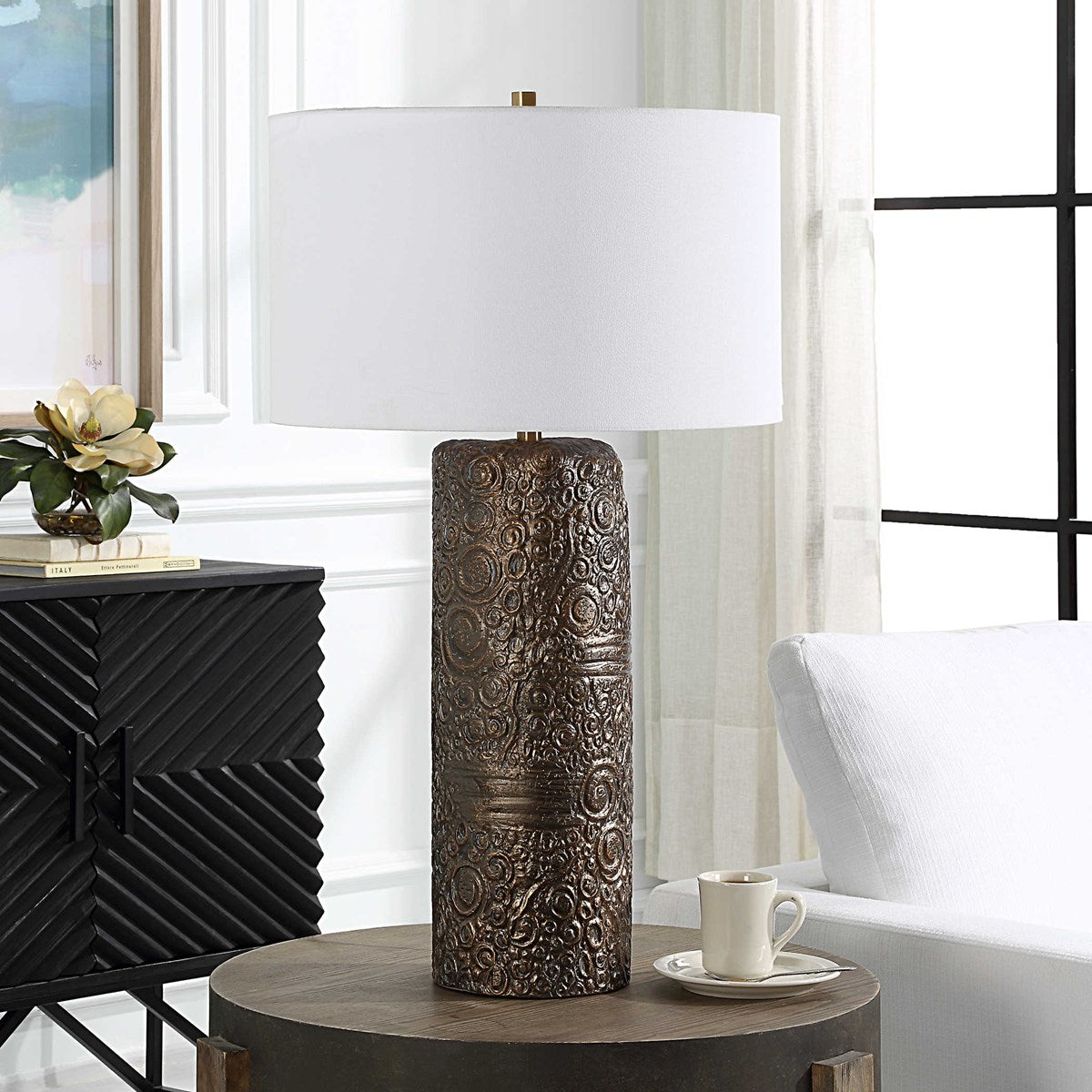 Uttermost Malaga Aged Bronze Ceramic Table Lamp With White Linen Shade - Image 1