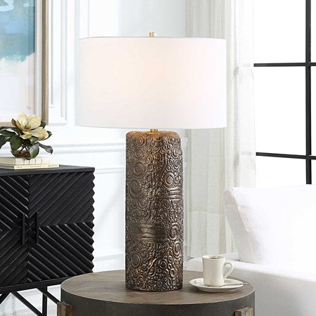 Uttermost Malaga Aged Bronze Ceramic Table Lamp With White Linen Shade - Image 3