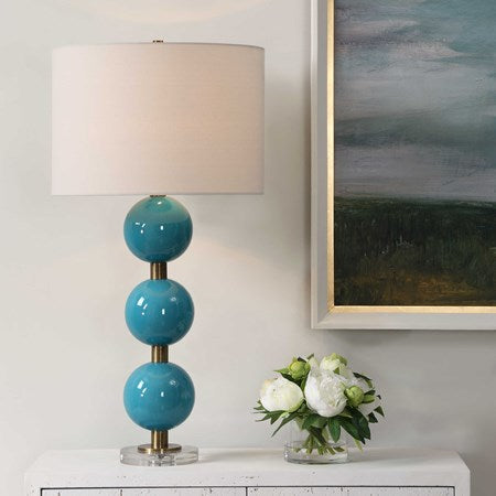Uttermost Palawan Turquoise Blue Glazed Ceramic Table Lamp With White Linen Fabric - Image 1