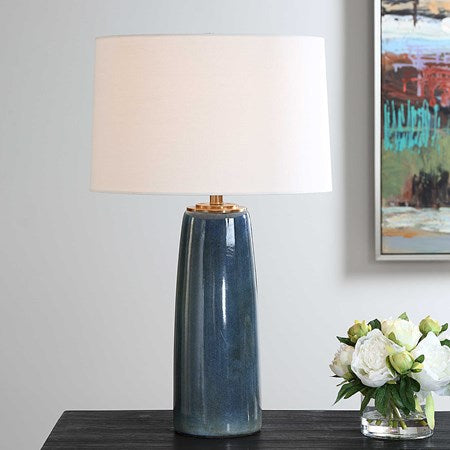 Uttermost Submerged Deep Blue Glazed Table Lamp With White Linen Shade - Image 1