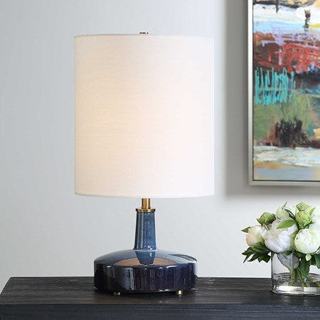Uttermost Abyss Midnight Blue Ceramic Table Lamp With White Linen Drum Shade - Image 1