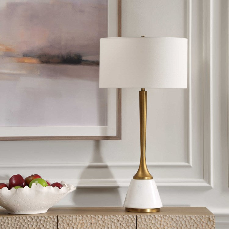 Uttermost Avola White Marble and Antique Brass Table Lamp With Linen Shade - Image 2