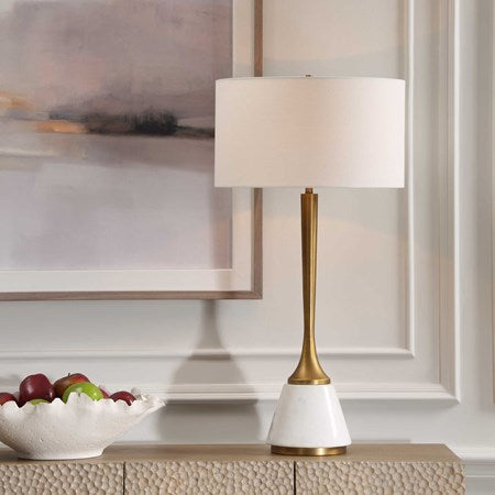 Uttermost Avola White Marble and Antique Brass Table Lamp With Linen Shade - Image 1