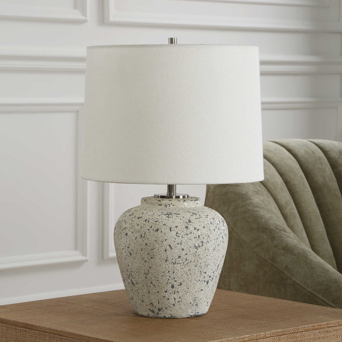 Uttermost Rupture Aged Ivory and Stone Gray Table Lamp With White Linen Shade - Image 1