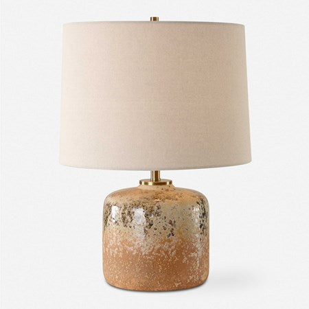 Uttermost Canyon Chocolate and Tan Mottled Glazed Terracotta Table Lamp With Beige Linen Shade - Image 1