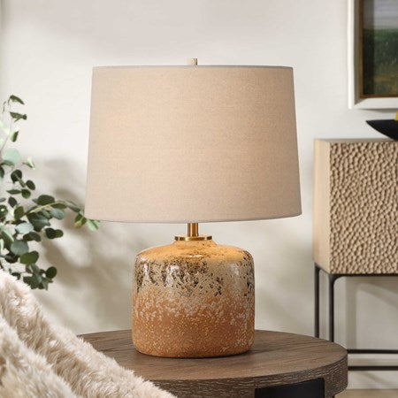 Uttermost Canyon Chocolate and Tan Mottled Glazed Terracotta Table Lamp With Beige Linen Shade - Image 2
